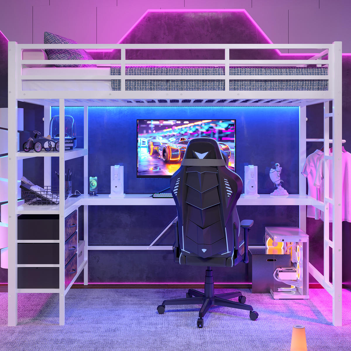 HOCHBETT 90/200 cm Weiß mit LED-Beleuchtung, Schreibtisch, Steckdose + USB, 3 Schubladen - Weiß, Metall (90/200cm) - OKWISH