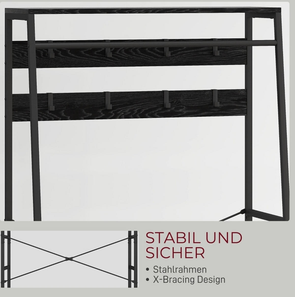 GARDEROBENSTÄNDER 80/30/180,5 cm mit Schuhablage, 2 Stoffschubladen, 8 Haken und Kleiderstange, Holz/Metall, Schwarz - Schwarz, Holzwerkstoff (80/180.5/30cm) - Redom