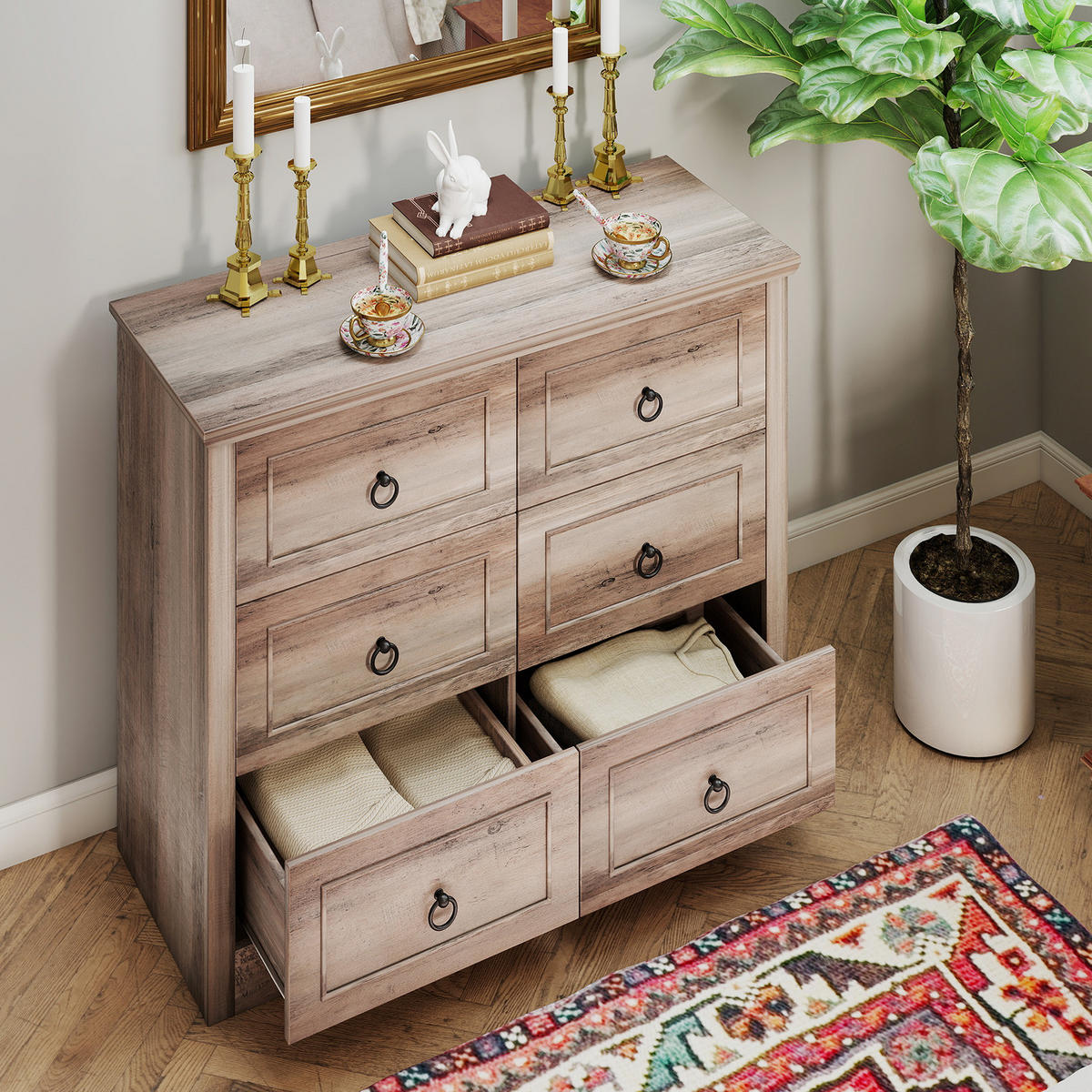 KOMMODE Rustikal 6 Schubladen – Freistehende MDF-Kommode mit Kippschutz, 102 × 40 × 85 cm, Grau - Wildeiche, Holzwerkstoff (102/85/40cm) - Ej. Life