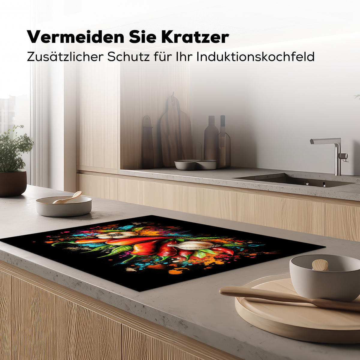 HERDABDECKPLATTE Gemüse - Paprika - Knoblauch - Graffiti - Farbe - Bunt Induktionsmatte 77x59 cm - Rot, Kunststoff (77/59/0.2cm) - MuchoWow