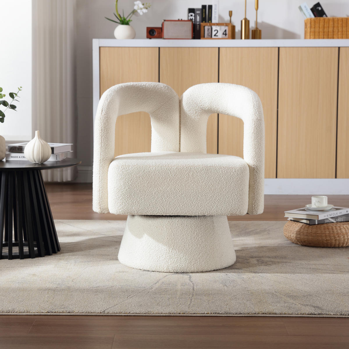 DREHSESSEL 360° Boucle Akzentstuhl Polstersessel für Wohnzimmer & Büro - Beige, Textil (67/74/55cm) - Urban Meuble