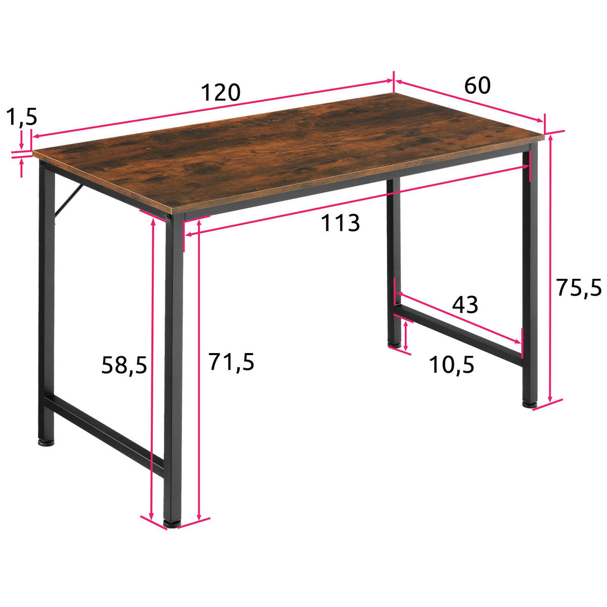 SCHREIBTISCH Jenkins, Höhe 75, 5 cm, Industrial Holz dunkel, rustikal - Rostfarben, Holzwerkstoff (60/120/75.5cm) - tectake