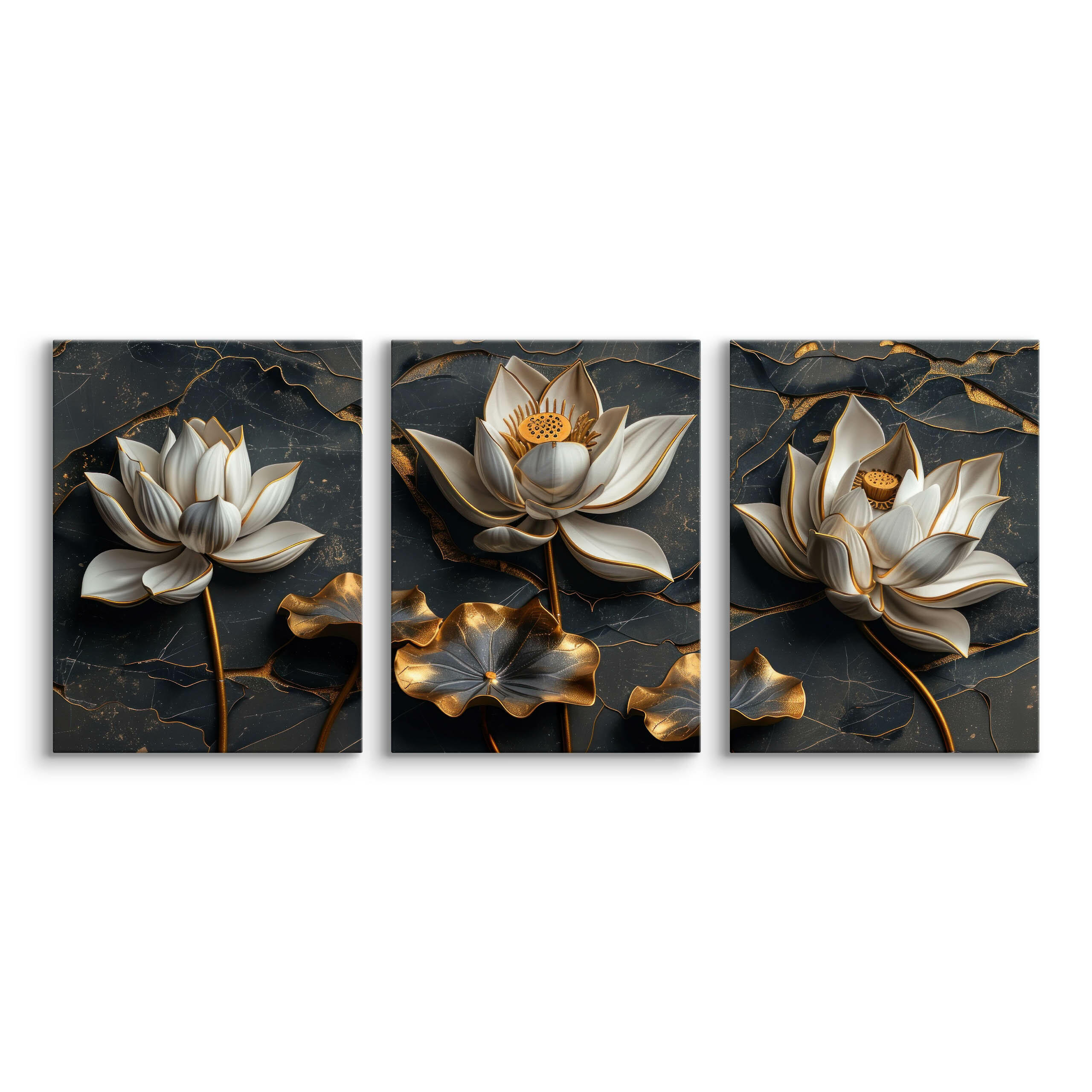 LEINWANDBILDER 3-es Set Blumen 3D Marmor - Schwarz/Weiß, Textil (90/40cm) - Muralo