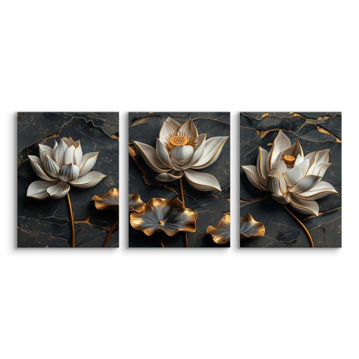 LEINWANDBILDER 3-es Set Blumen 3D Marmor - Schwarz/Weiß, Textil (90/40cm) - Muralo