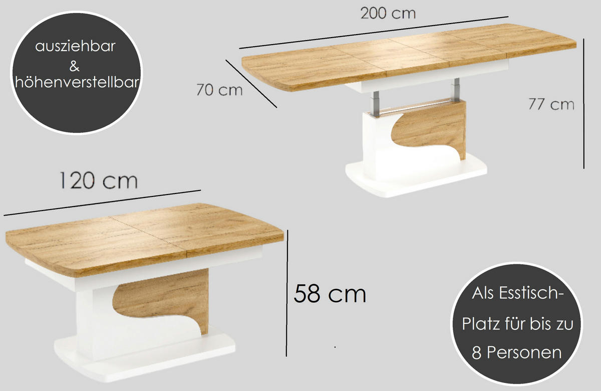COUCHTISCH rechteckig Eiche Gold - Schwarz ausziehbar höhenverstellbar - Eichefarben/Schwarz, Holzwerkstoff (70/120/58cm) - designimpex