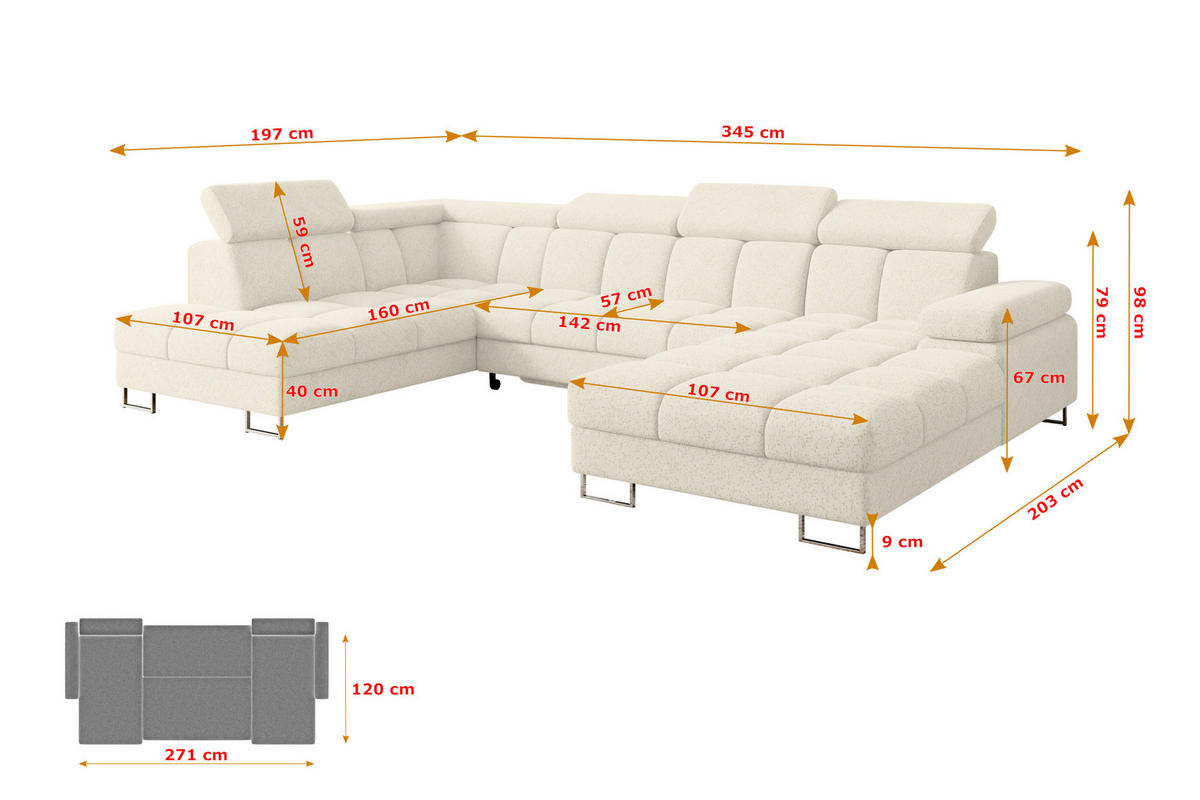 WOHNLANDSCHAFT mit Schlaffunktion und Bettkasten Ottomane Links COMA U 345x203x79 Creme Velours - Creme, Holzwerkstoff/Textil (345/79/203cm) - ALTDECOR