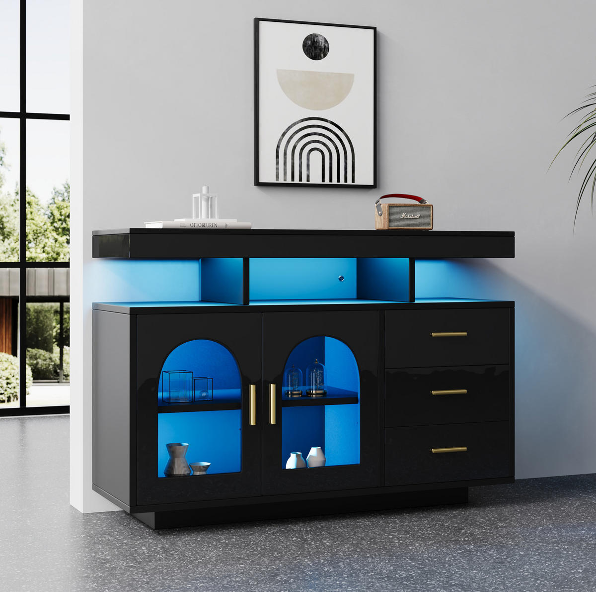 SIDEBOARD z dřevotřísky, 120/40/80 cm černý, vysoký lesk s LED osvětlením - černá, kompozitní dřevo (120/80/40cm) - BEAOK
