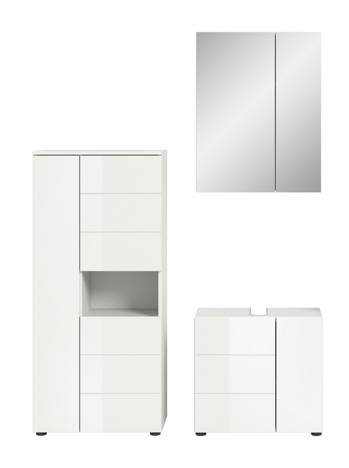 BADKOMBINATION 3tlg. Vira Bad in weiß Melamin und weiß hochglanz B/H/T: 135x190x34 cm - Weiß, Holz (135/190/34cm)