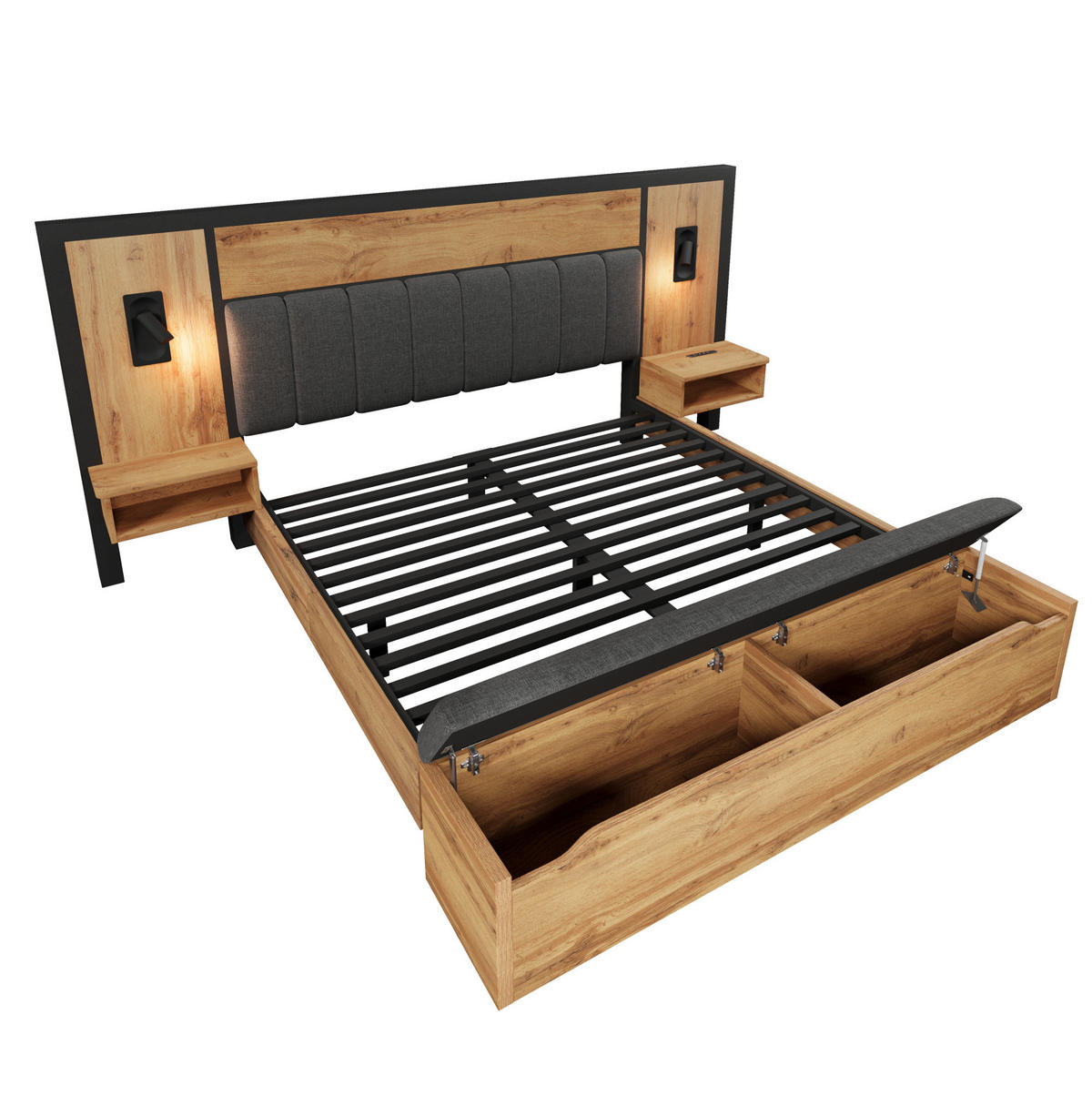 BETT mit Nachttischen, Sitzbank und Leselicht 160x200 cm Metall/Holz Eiche - Braun, Holz (160/200cm) - Meubliv