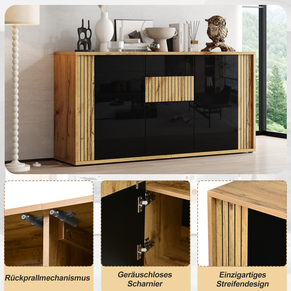 SIDEBOARD Schwarz Hochglanz & Holzton 3 Türen Wellenmuster - Naturfarben, Holzwerkstoff (140/71/35cm) - Urban Meuble