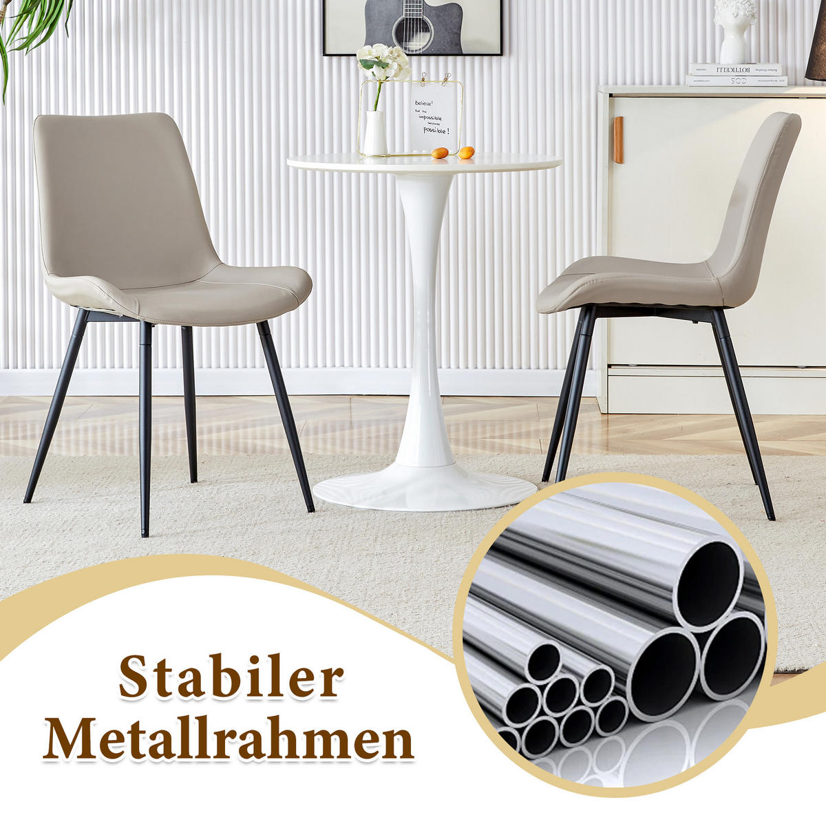 ESSGRUPPE DE-39372 5-teilig, mit 4 PU-Sesseln und Glasplatte Warmgrau - Grau, Metall (100/76/100cm) - ComfortXL