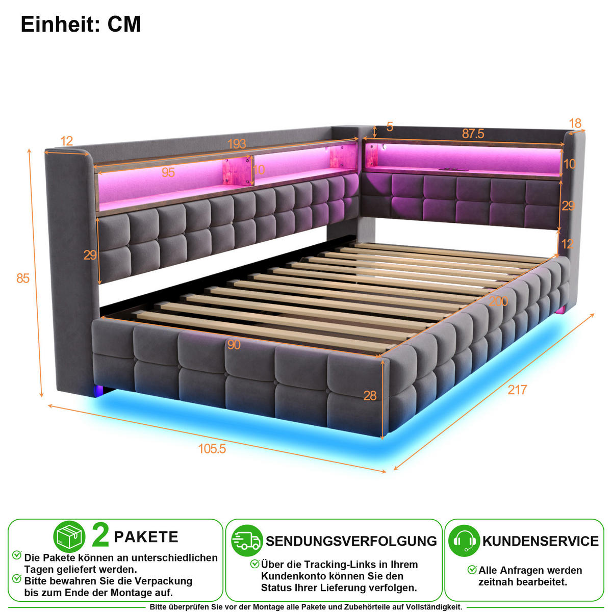 ČALOUNĚNÁ POSTEL 90/200 cm v šedé barvě ze sametu s úložným prostorem, LED a USB-C - šedá, kov/kompozitní dřevo (90/200cm) - CHICFURN