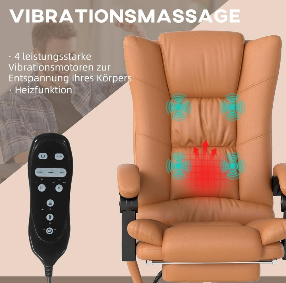 DREHSTUHL 64/70/110-118 cm, Massage & Wärme, Kunstleder, 120 kg Tragkraft, braun - Braun, Kunststoff (70/118/64cm) - Redom