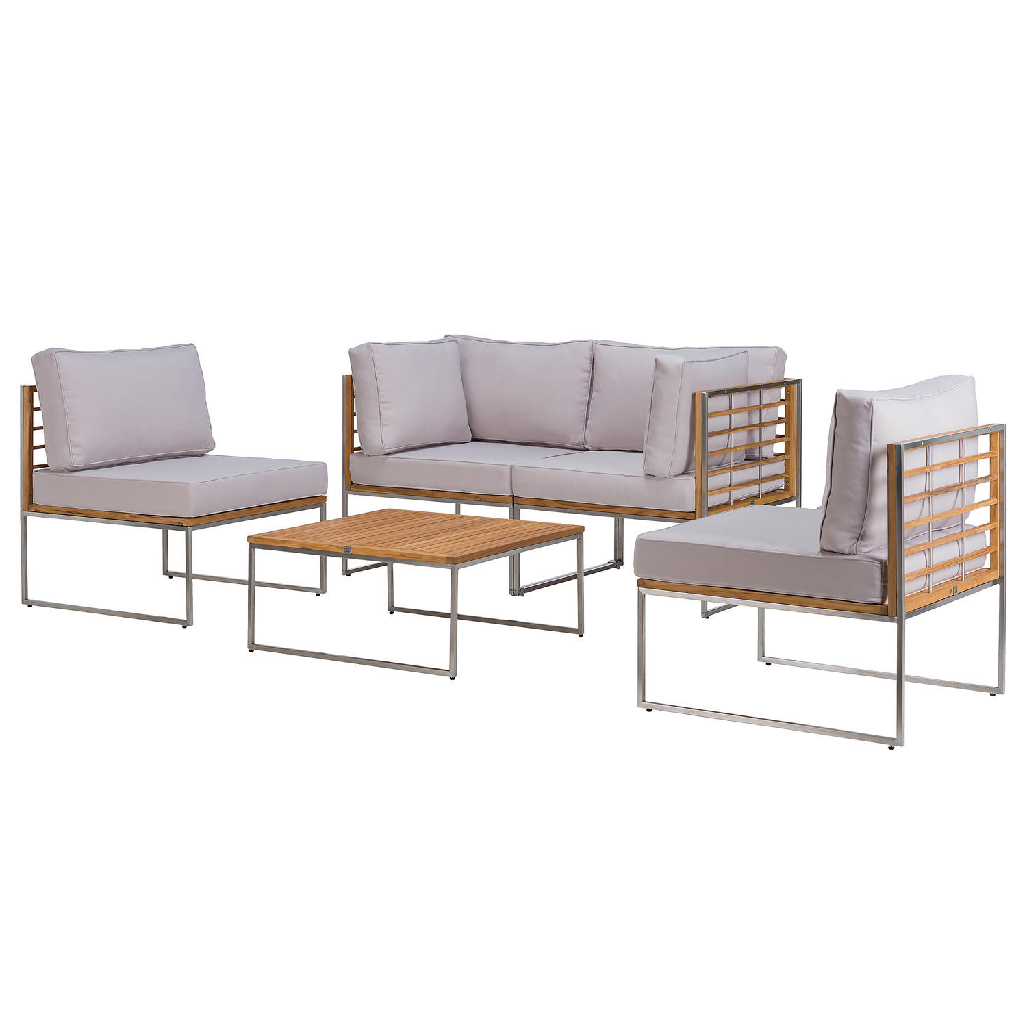 LOUNGEGRUPPE - 5-teilig - Webstoff / Teak massiv - Hellgrau, Holz/Textil - home24