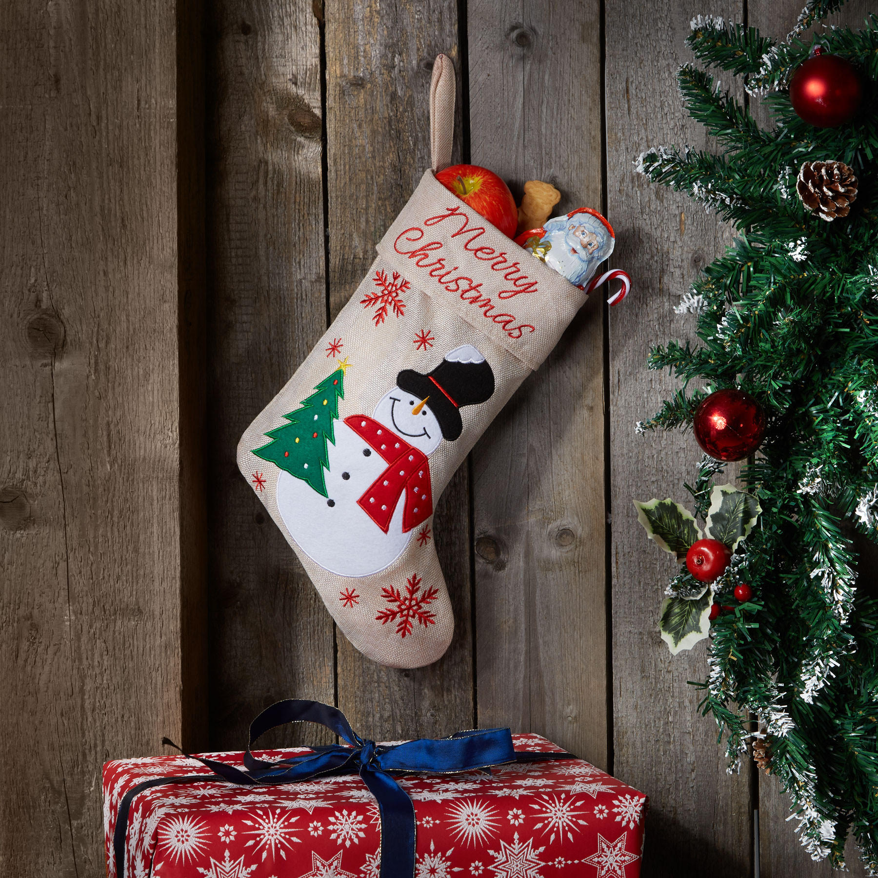 NIKOLAUSSTIEFEL IN JUTE-OPTIK Mit Schneemann-motiv,26 x 36,5 cm,beige - Beige, Kunststoff (36.5/0.5/26cm) - tectake