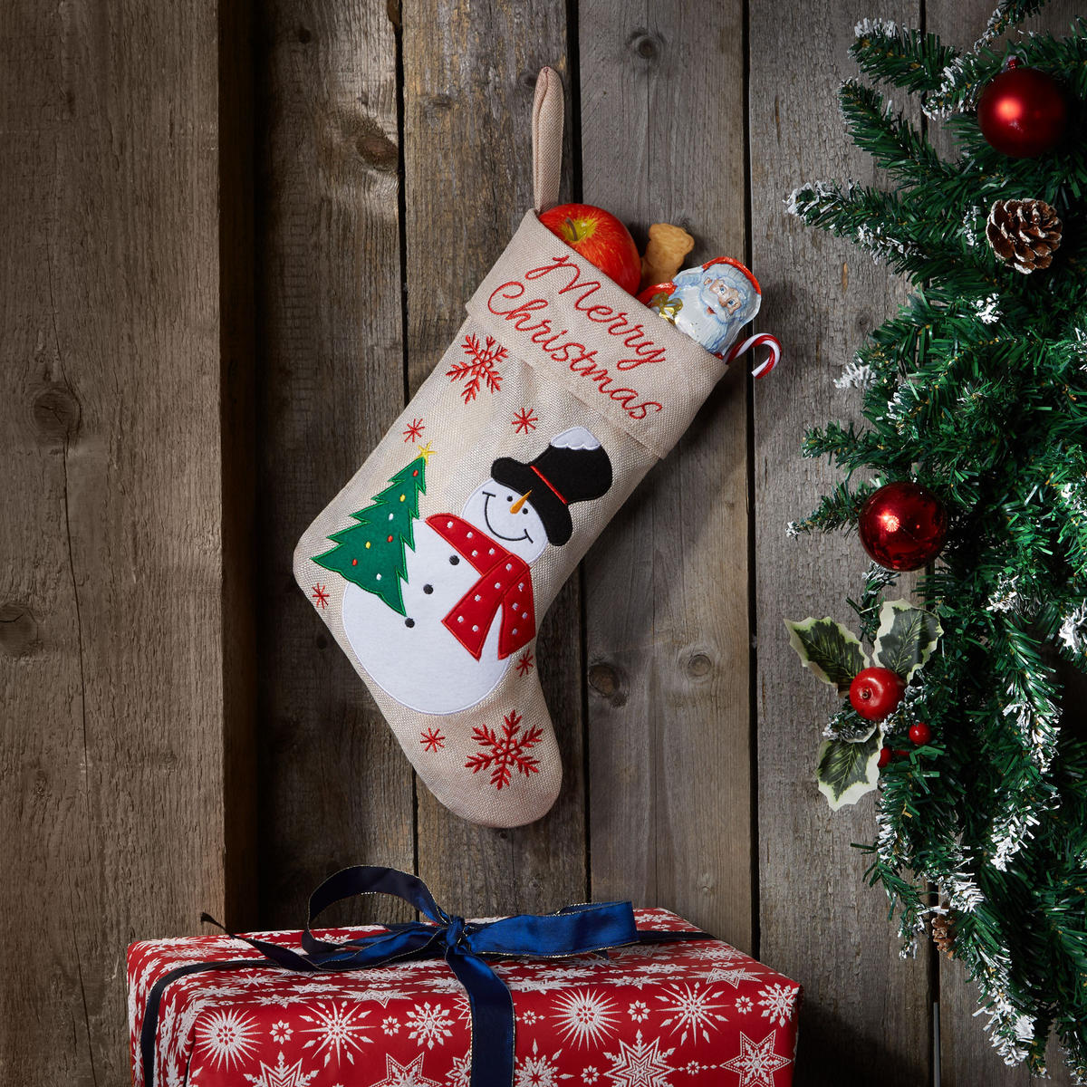 NIKOLAUSSTIEFEL IN JUTE-OPTIK Mit Schneemann-motiv,26 x 36,5 cm,beige - Beige, Kunststoff (36.5/0.5/26cm) - tectake