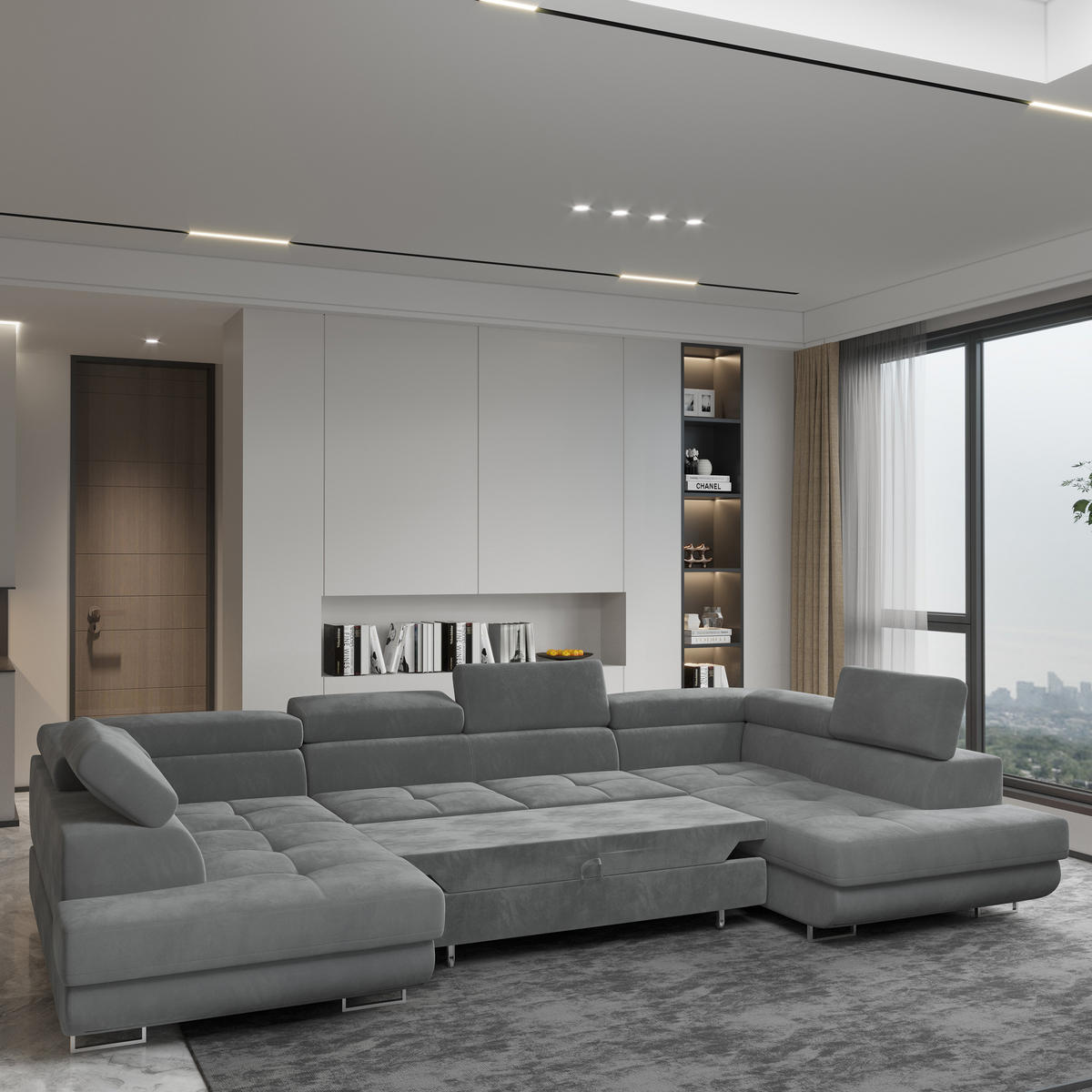 WOHNLANDSCHAFT RAGGIO Grau Velours-Stoff mit Schlaffunktion - Grau, Holz (336/90/202cm) - MASSENO