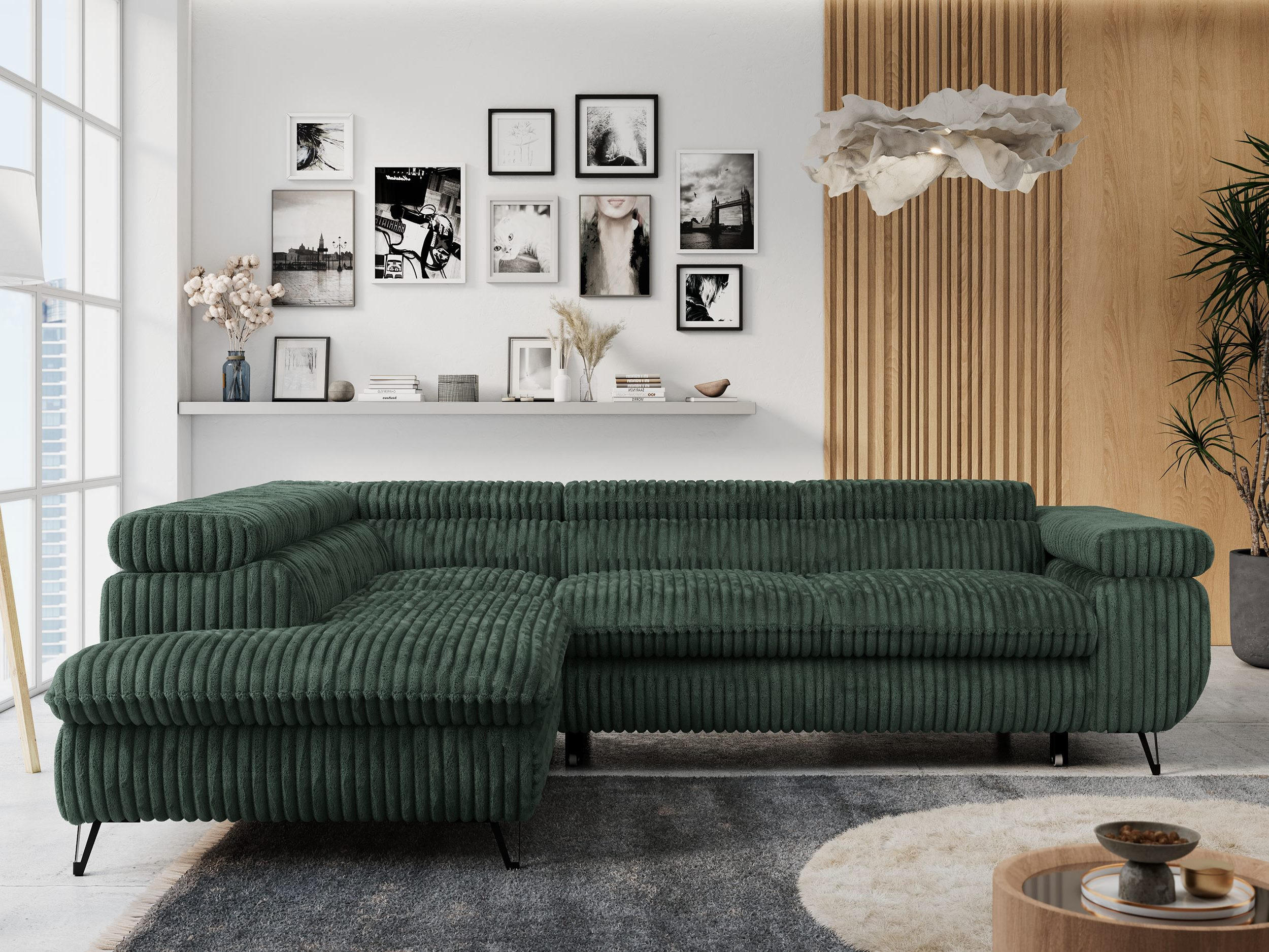 ECKSOFA PETER L Grün Cord - Links Seite - Schwarz/Grün, Textil/Metall (208/273cm) - MKS