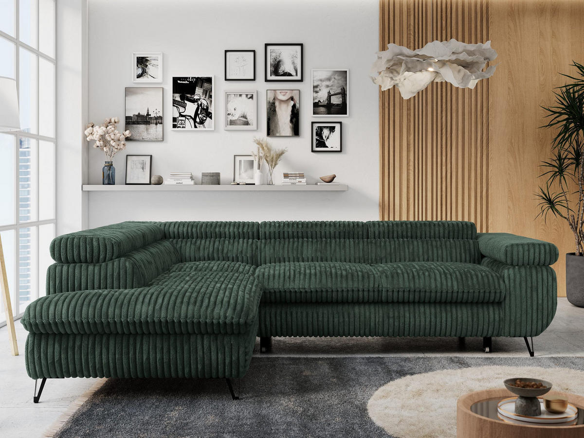 ECKSOFA PETER L Grün Cord - Links Seite - Schwarz/Grün, Textil/Metall (208/273cm) - MKS