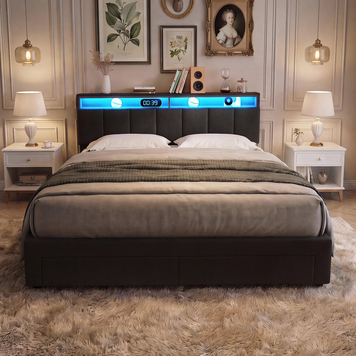 STAURAUMBETT 180x200 cm, Kopfteil mit Stauraum, LED-Beleuchtung, Leinenstoff, in Grau - Grau, Holz (180/200cm) - BRILVERDE