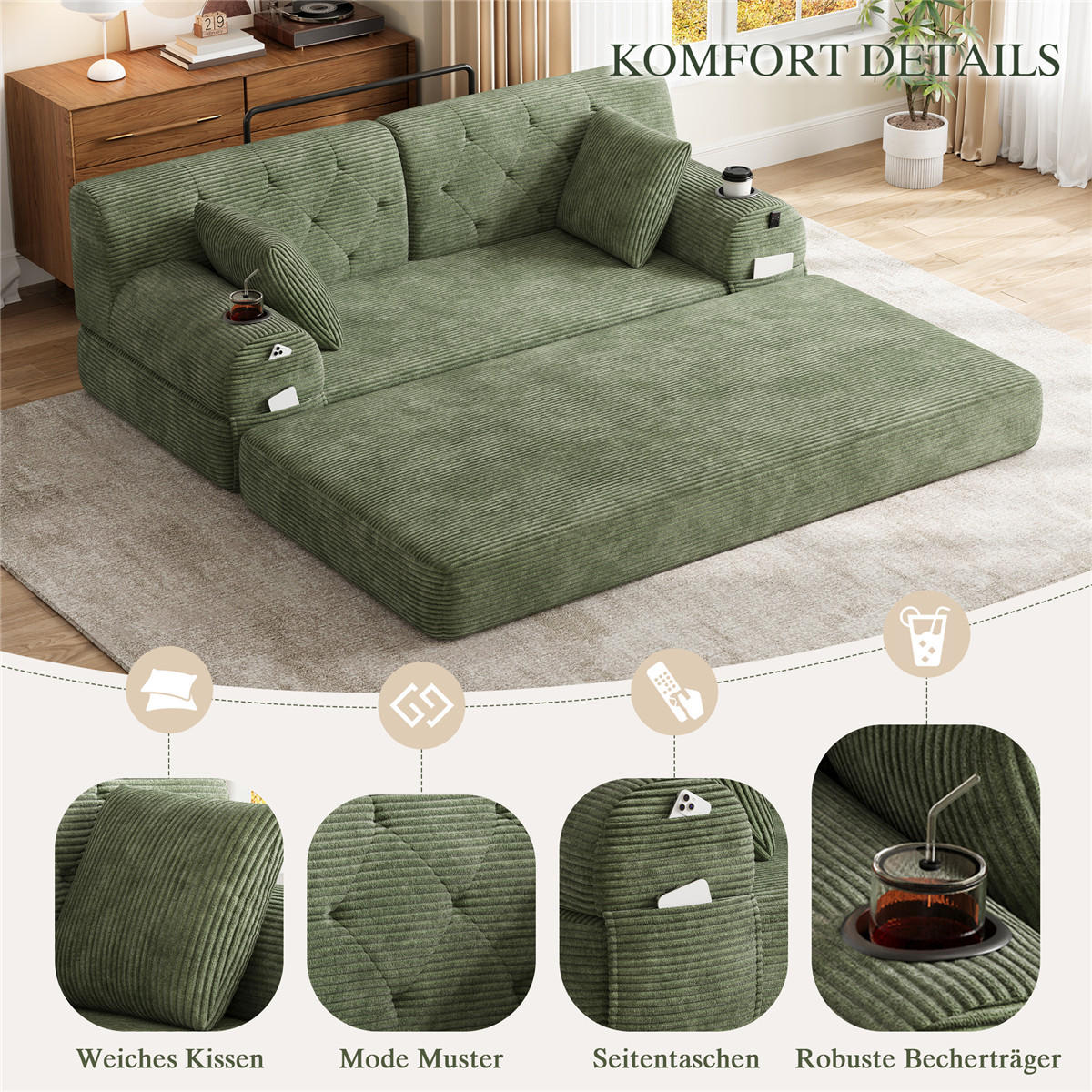 SCHLAFSOFA 2-Sitzer Cord mit Getränkehaltern und Seitentaschen, Grün - Grün, Textil (168/81/80cm) - Kaket