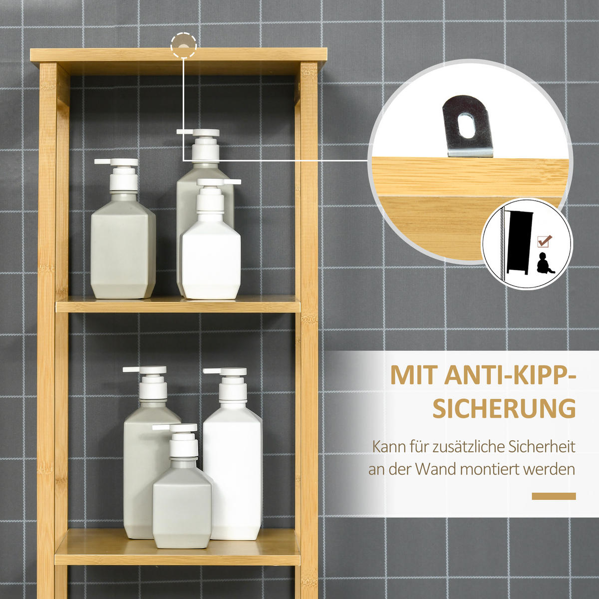 HOCHSCHRANK mit 3 offenen Fächer und 1 Schrank, kleine Räume, Natur - Naturfarben, Holz (30/173/34cm) - Kleankin