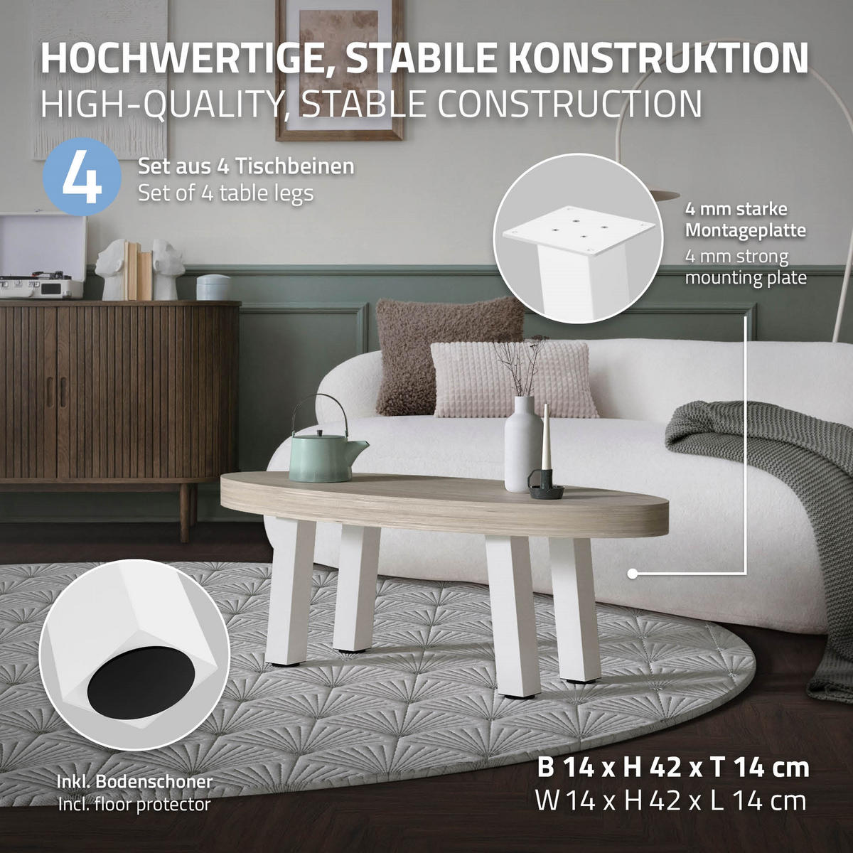 TISCHBEINE 4er Set I-96GRAD-Design H:42 cm Weiß 8x8 cm - Weiß, Metall (8/42/8cm) - ML-DESIGN