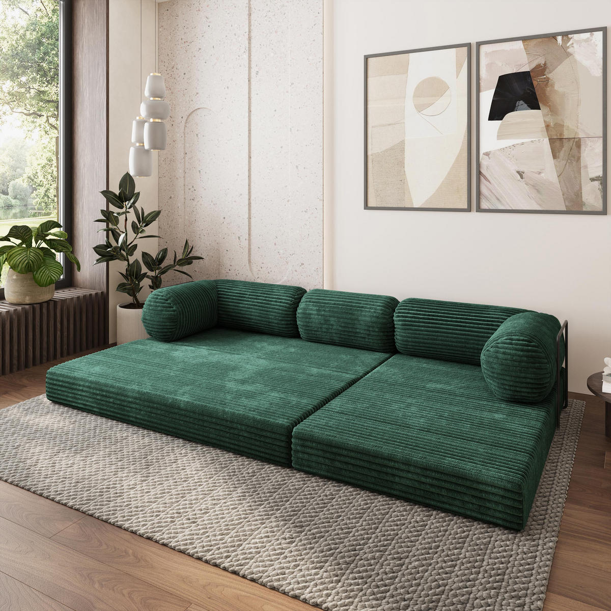 ROHOVÁ SEDAČKA ETERA modulární Boneless pohovka s funkcí spaní, tmavě zelená TILIA 39 - zelená barva, textil (270/160cm) - MASSENO