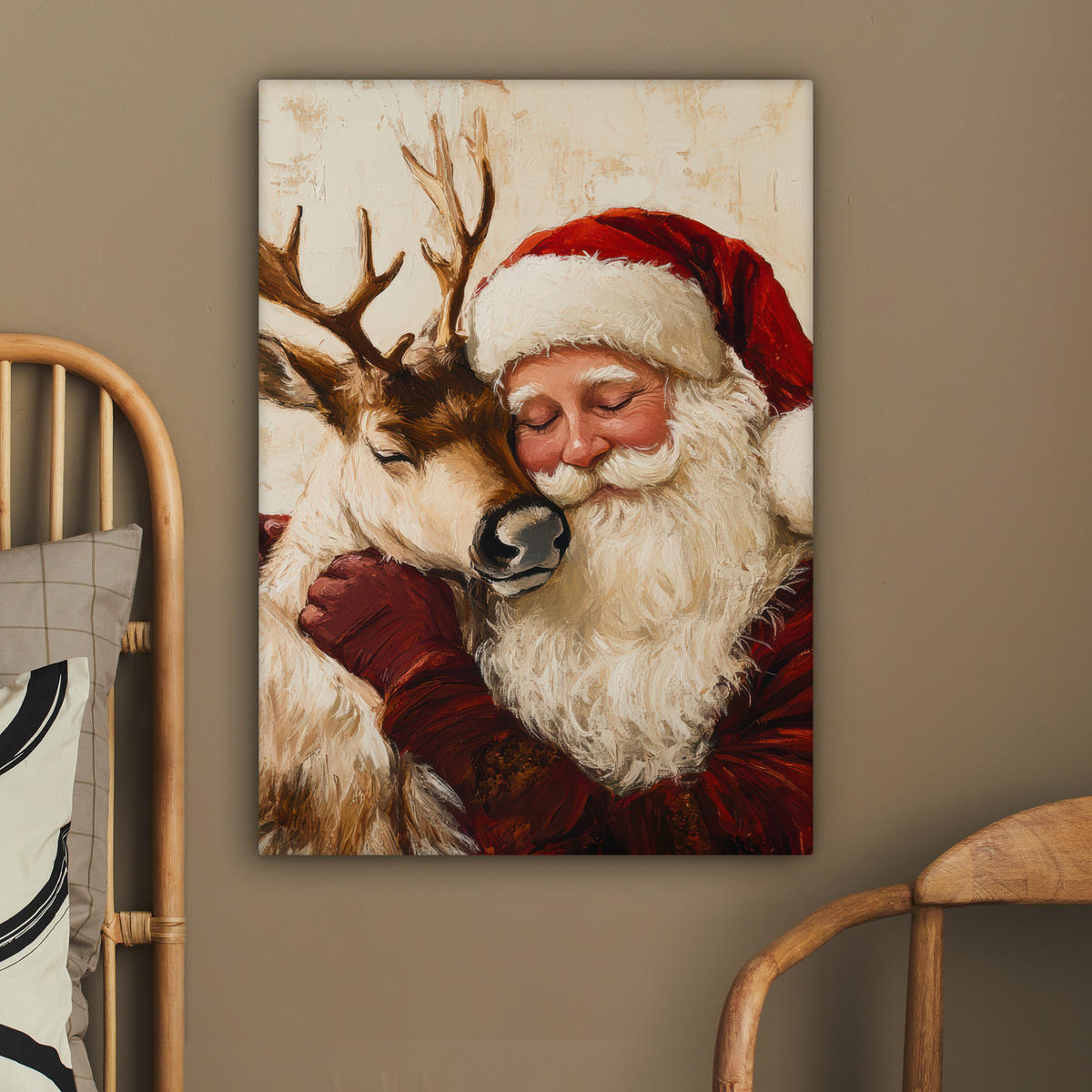 LEINWANDBILD Weihnachtsmann - Rentier - Weihnachten 60x80 cm - Rotbraun, Textil (60/80cm) - MuchoWow