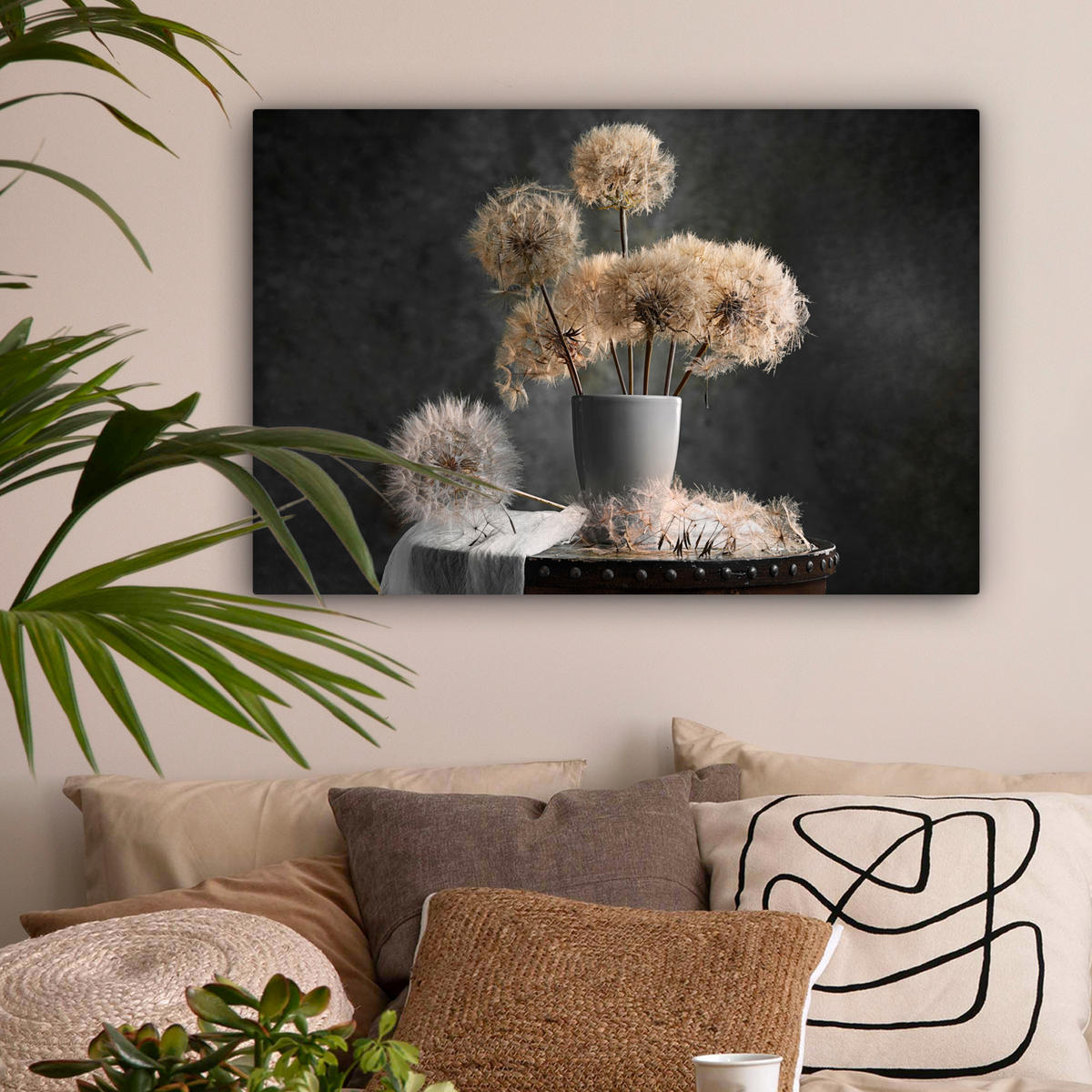 LEINWANDBILD Blumensamen - Löwenzahn - Vase - Stilleben - Blumenstrauß Wanddeko 90x60 cm - Dunkelgrau, Textil (90/60cm) - MuchoWow