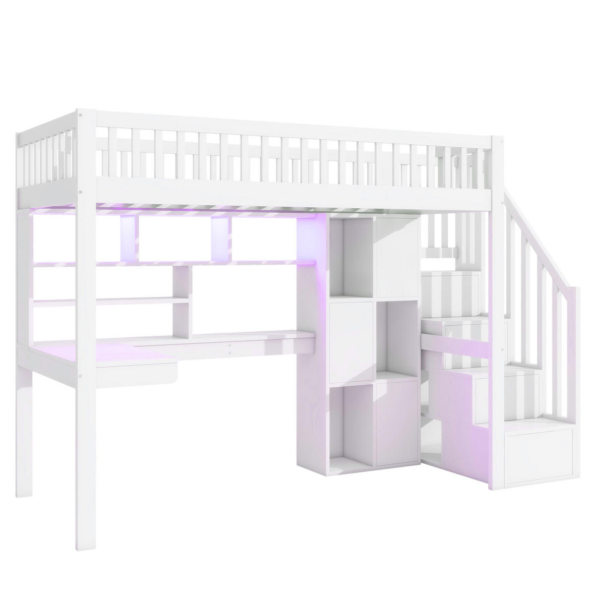 HOCHBETT 90x200cm Weiß LED-Licht Ablageleiter Regale Schreibtisch - Weiß, Holz (90/200cm) - FLIEKS