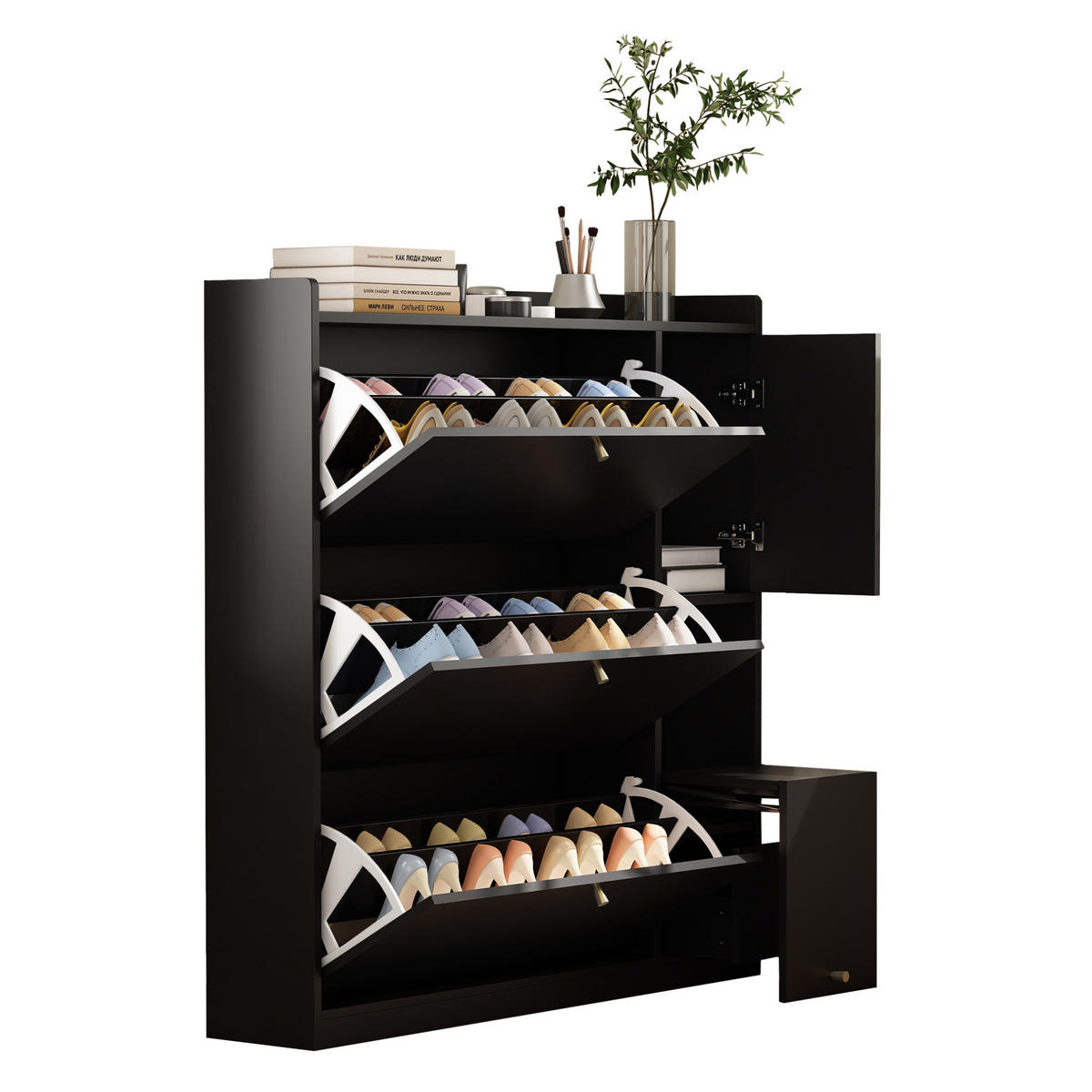 SCHUHSCHRANK mit Klappen 119/24/122 cm in Schwarz mit Sitzbank und Schublade - Schwarz, Holzwerkstoff (119/122/24cm) - BEAOK