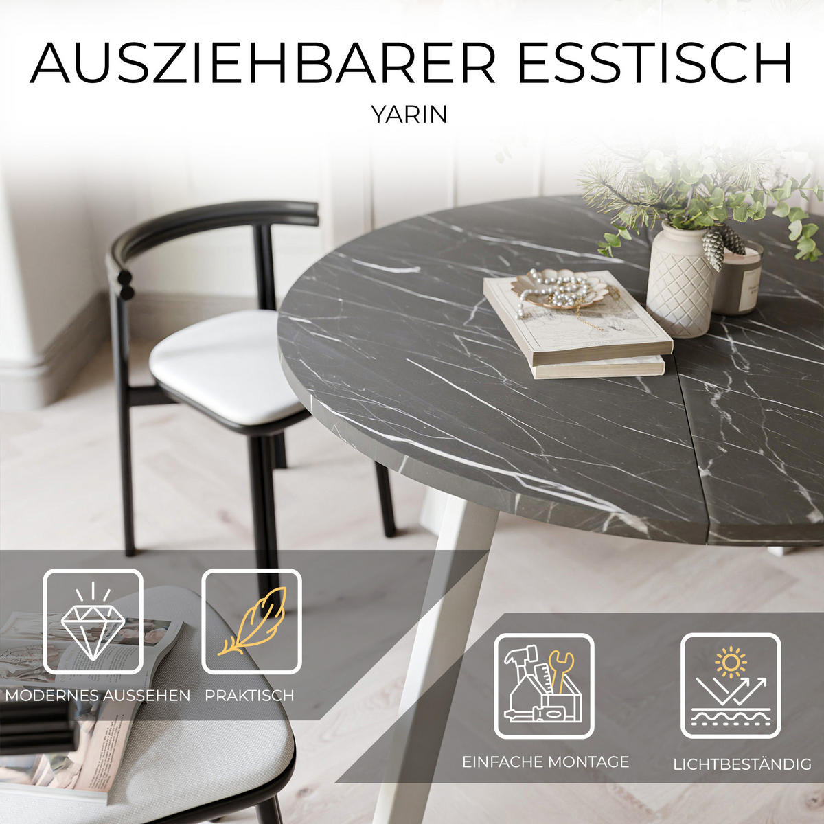 TISCH Weiße Beine, MDF Tischplatte, Grigia Pietra - Schwarz/Weiß, Holzwerkstoff (100/100/76cm) - Idohome