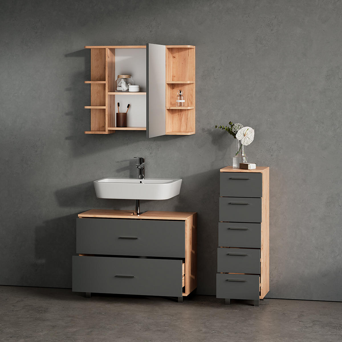BADMÖBEL-SET Eisak Anthrazit/Goldkraft Eiche 3 Teile, mit Unterschrank 80 cm - Honigeiche/Anthrazit, Holzwerkstoff (80/60/33cm) - Livinity®