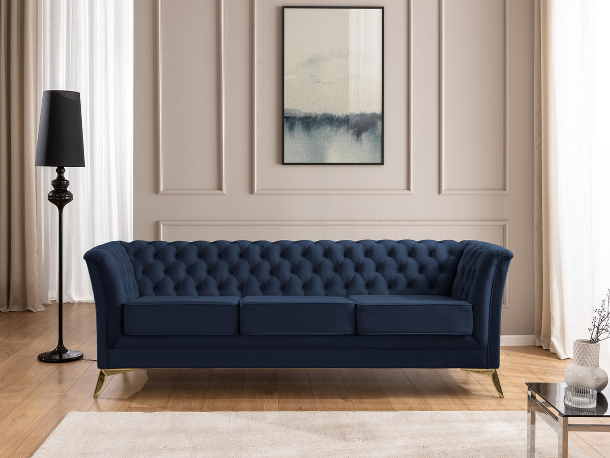 SITZGARNITUR 3+2+1 Chesterfield Whitby Marineblau Samt mit goldenen Füßen - Blau/Goldfarben, Holz/Textil (237/78/82cm) - S-Style Möbel
