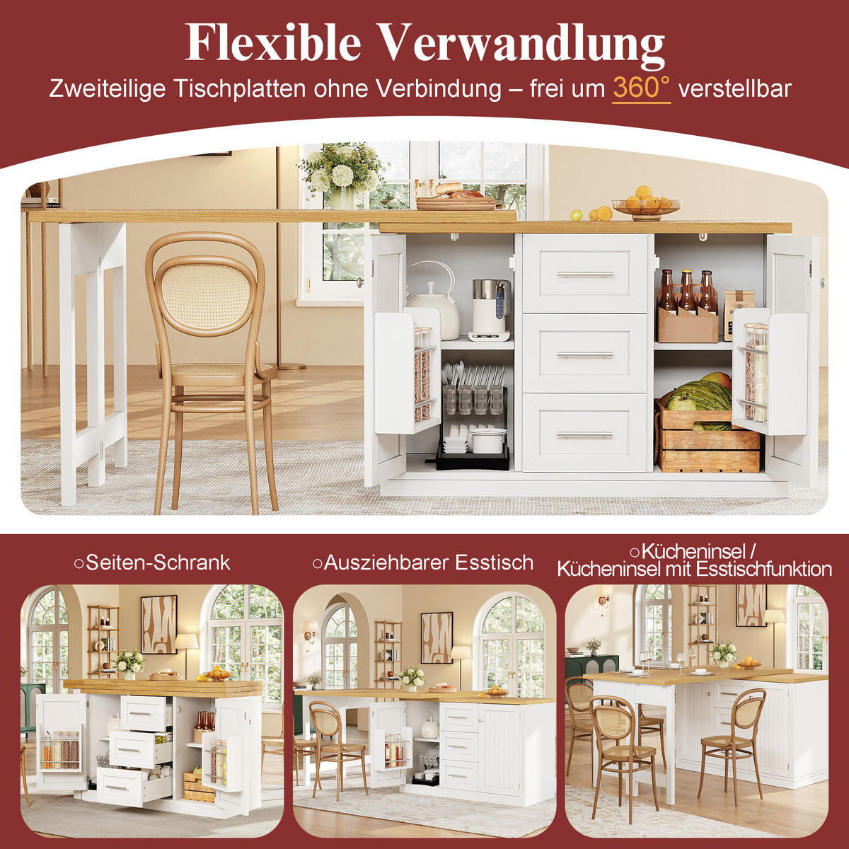 KÜCHENINSEL Ausziehbar 360° Theke Snackregal Schublade Weiß - Weiß, Holzwerkstoff (120/74/40cm) - FLIEKS