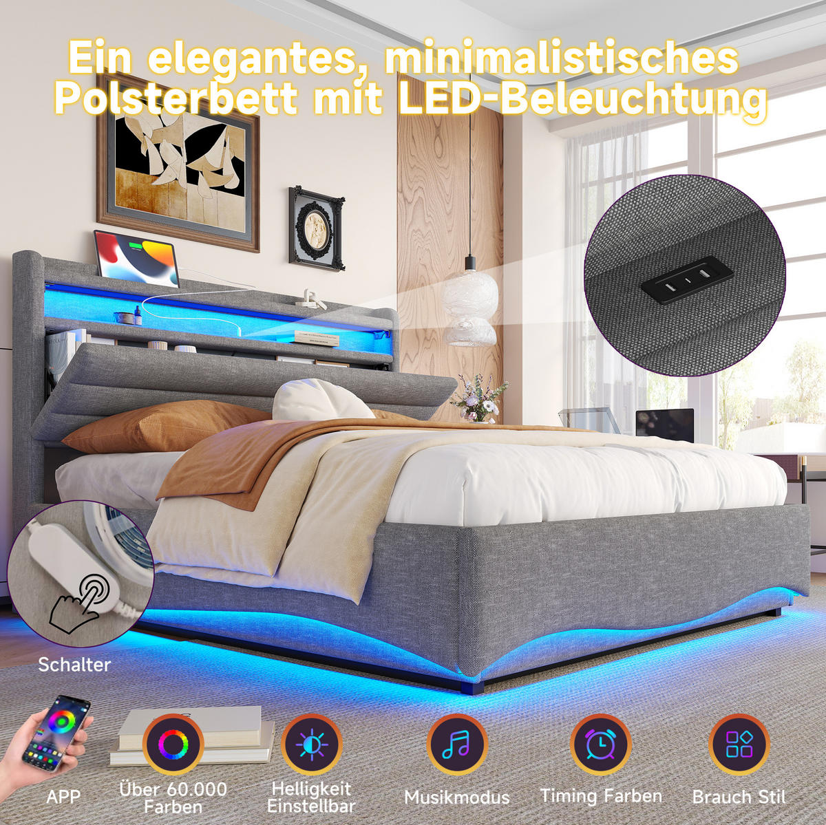 POLSTERBETT 140/200 cm in Beige mit Stauraum, LED-Beleuchtung und USB-Anschlüssen - Beige, Textil (140/200cm) - Flora Grace