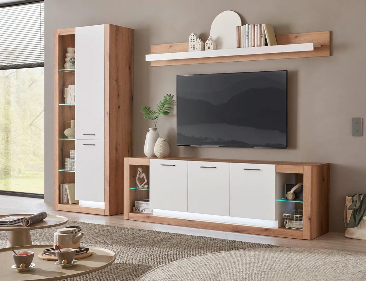 WOHNWAND weiß matt, Evoke Eiche, Wohnkombination Set 3-teilig 298 cm - Eichefarben/Silberfarben, Glas/Holzwerkstoff (298/195/43cm) - Furn.Design