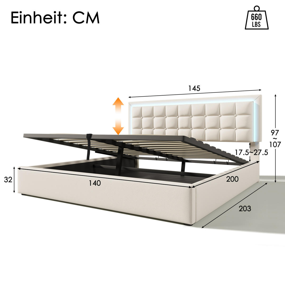 POLSTERBETT 140/200 cm mit Stauraum und LED-Beleuchtung Bezug aus Kunstleder Weiß - Weiß, Kunststoff (140/200cm) - OKWISH