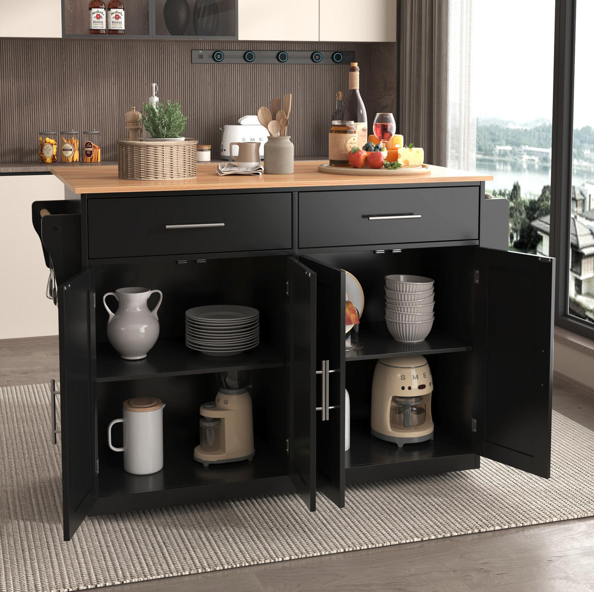 KÜCHENINSEL 120x70x91.5cm Schwarz mit Falttisch,Doppeltüren & Rollen/Füßen - Schwarz, Holzwerkstoff (120/91.5/71cm) - Modfu
