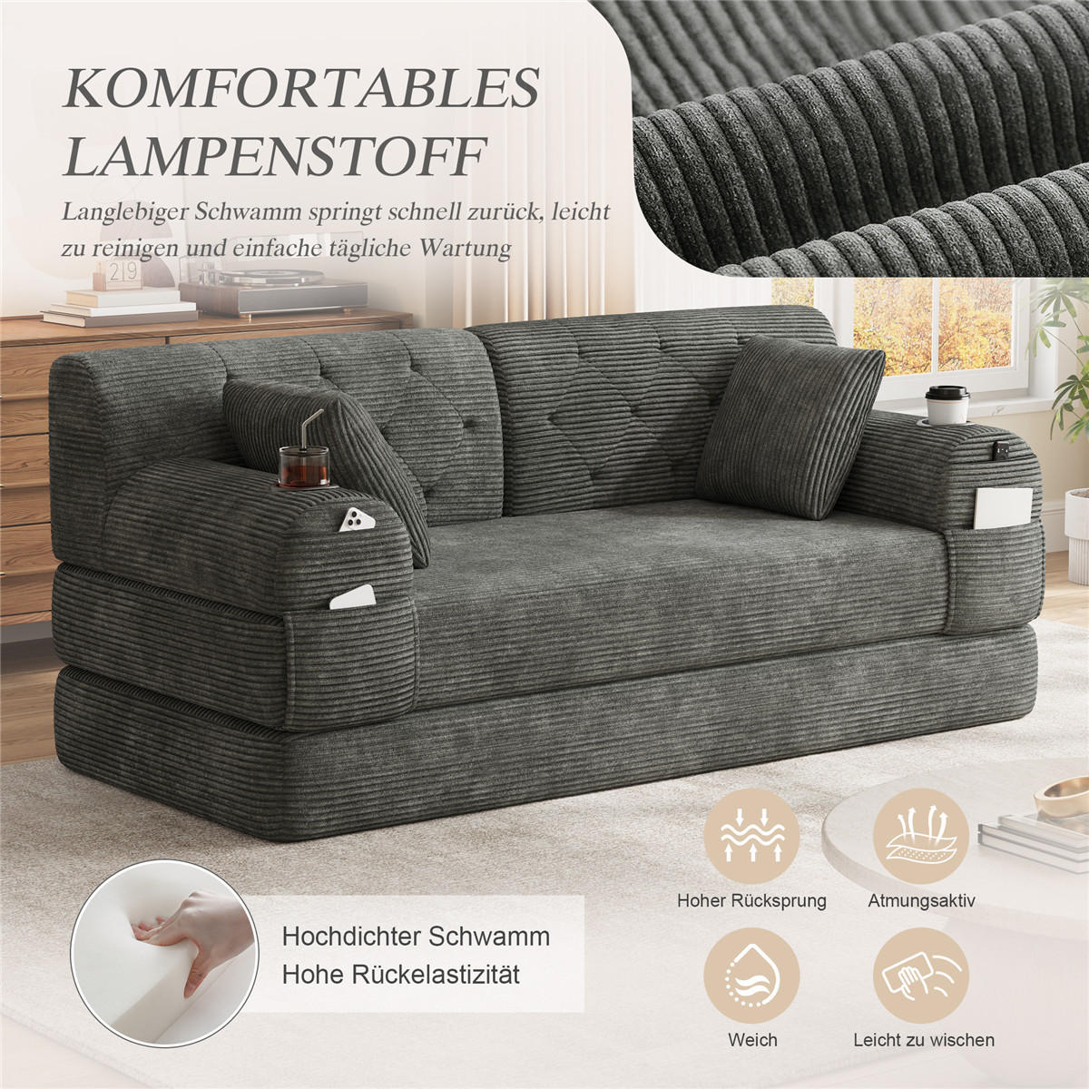SCHLAFSOFA 2-Sitzer Cord Schlafcouch mit Stauraumtaschen, Grau - Grau, Textil (168/81/80cm) - Kaket