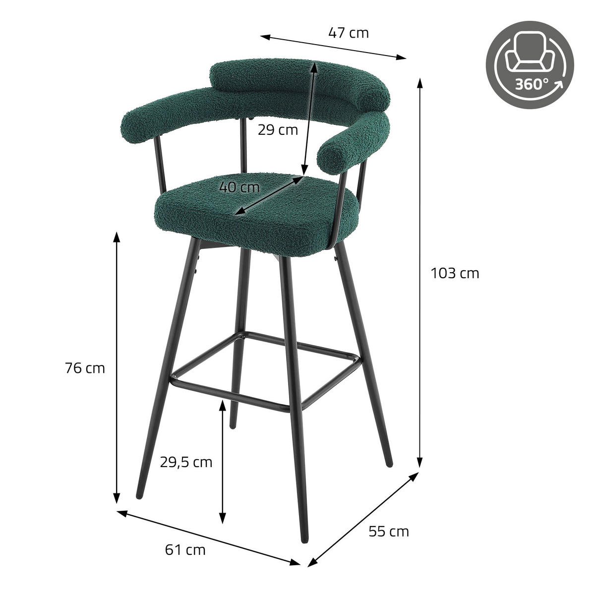 BAROVÉ STOLIČKY 4ks otočné tmavě zelené s plyšovým potahem, výška 76 cm - černá/tmavě zelená, kov/textil (61/103/55cm) - ML-DESIGN