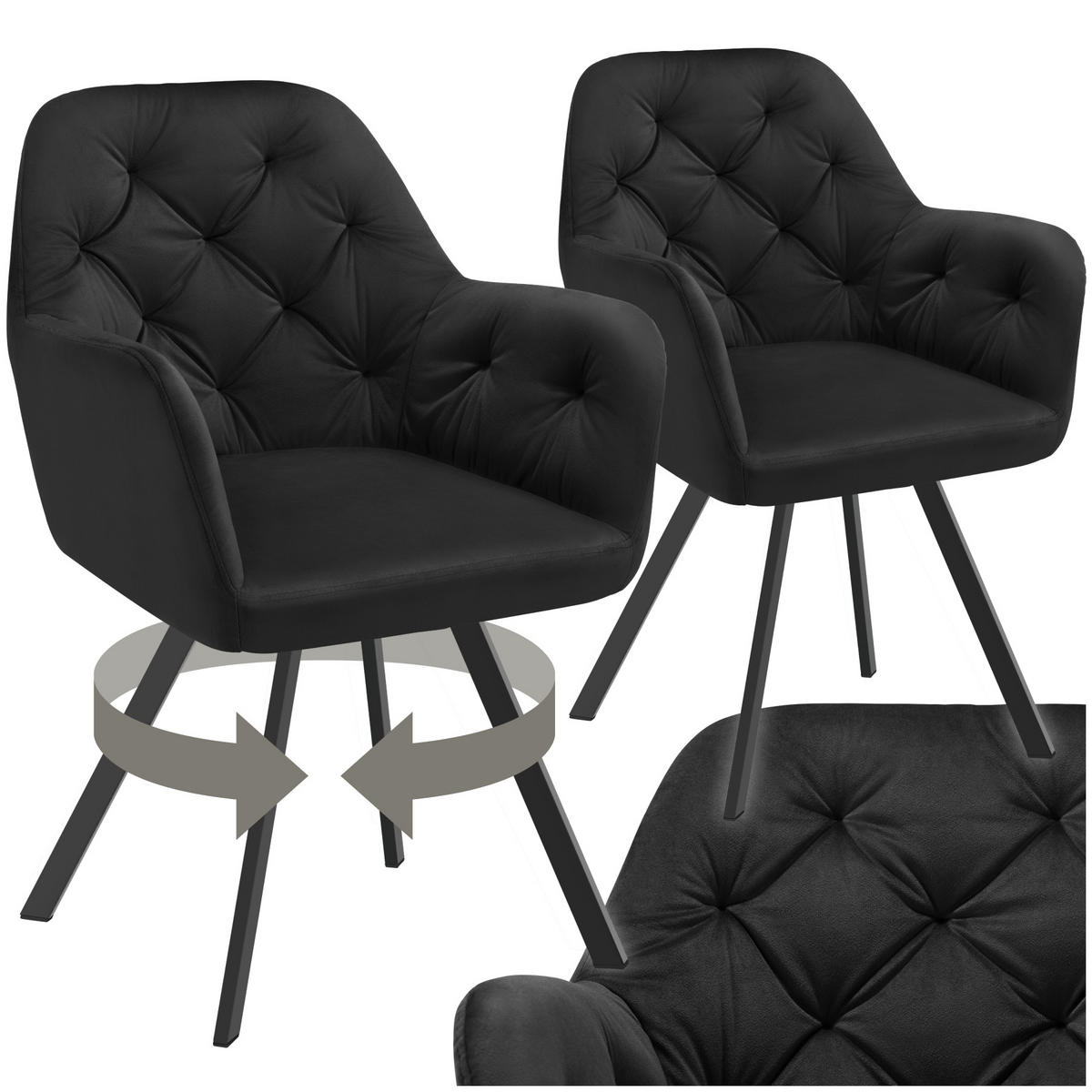 ARMLEHNSTUHL Samt Drehbarer 2er Set Lucia 58 x 58 x 87 cm schwarz - Schwarz, Kunststoff (58/87/58cm) - tectake