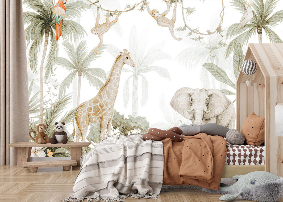 FOTOTAPETE für Kinder wilde TIERE tropische Pflanzen Retro 460x300cm - Beige/Rot, Papier (460/300cm) - Muralo