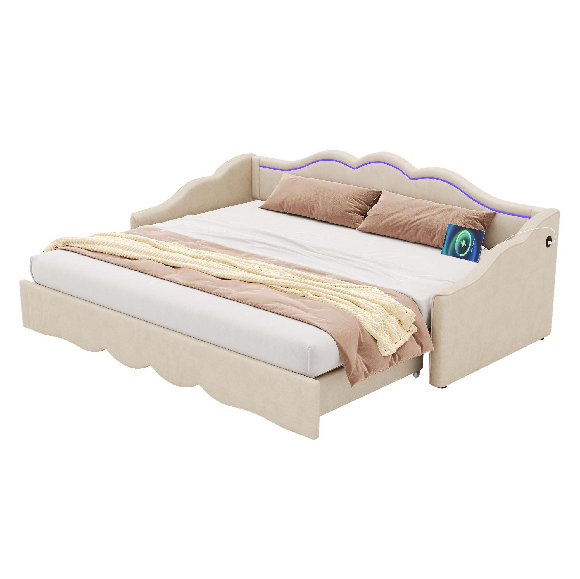 POLSTERBETT 90/180×200 cm aus Samt in Beige mit LED und USB- und Type-C-Anschlüssen - Beige, Textil (90/200cm) - Flora Grace
