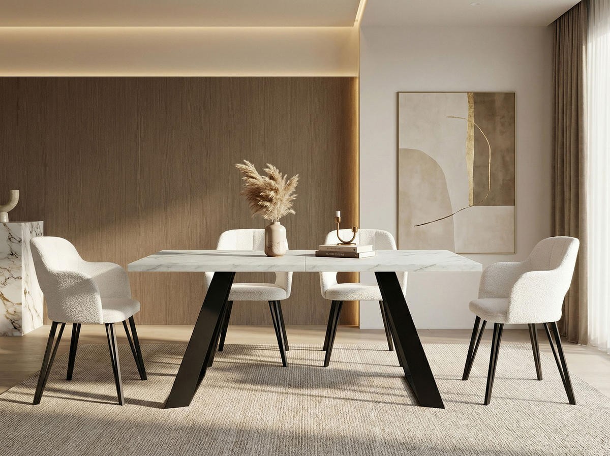 ESSTISCH Colter rechteckig ausziehbar, Marmor Weiß 160-260/90/76 cm - Ecru/Schwarz, Holzwerkstoff/Metall (160/90/76cm) - WFL GROUP