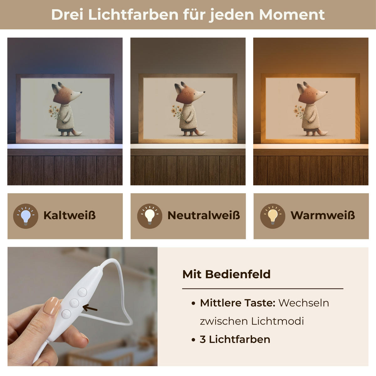 NACHTTISCHLAMPE Fuchs - Gelbe Blumen - Minimalistisch 30x20 cm - Taupe, Holzwerkstoff (8/30/20cm)