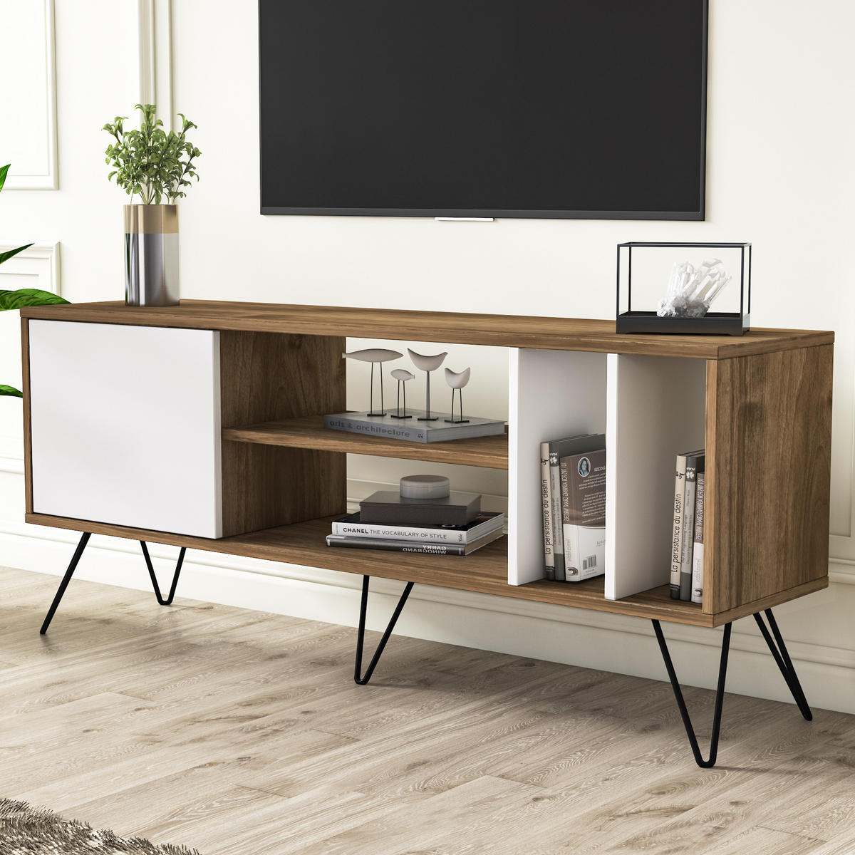 TV-ELEMENT Mictico 140 cm Walnuss Weiß - Walnussfarben/Weiß, Holzwerkstoff (35.5/58.4/140cm) - Decorotika