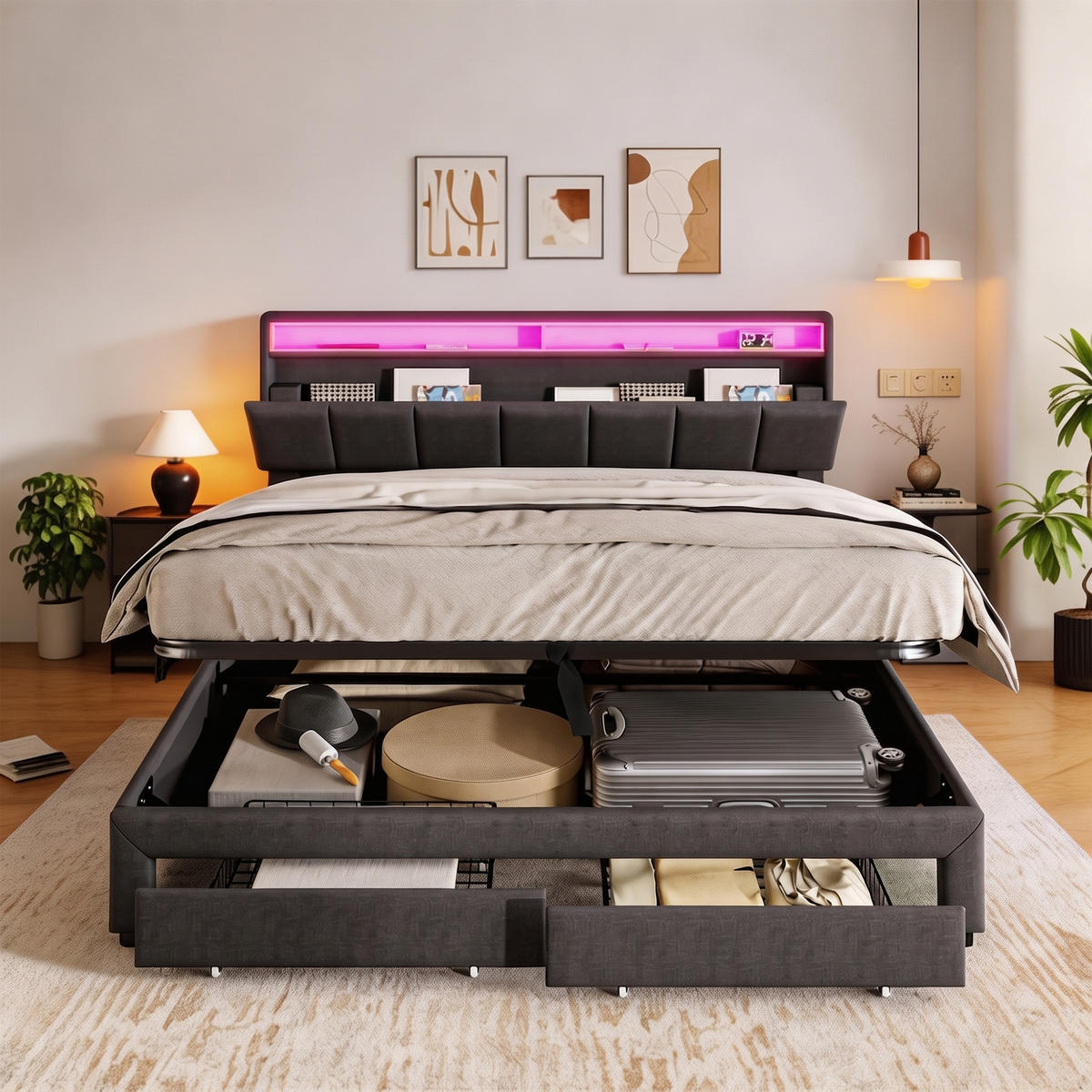 BETT 180x200 cm mit Stauraum, LED und 2 Schubladen, Lattenrost, Bettkasten, höhenverstellbares Kopfteil, Grau - Grau, Holz/Textil (180/200cm) - GENKI LIVING