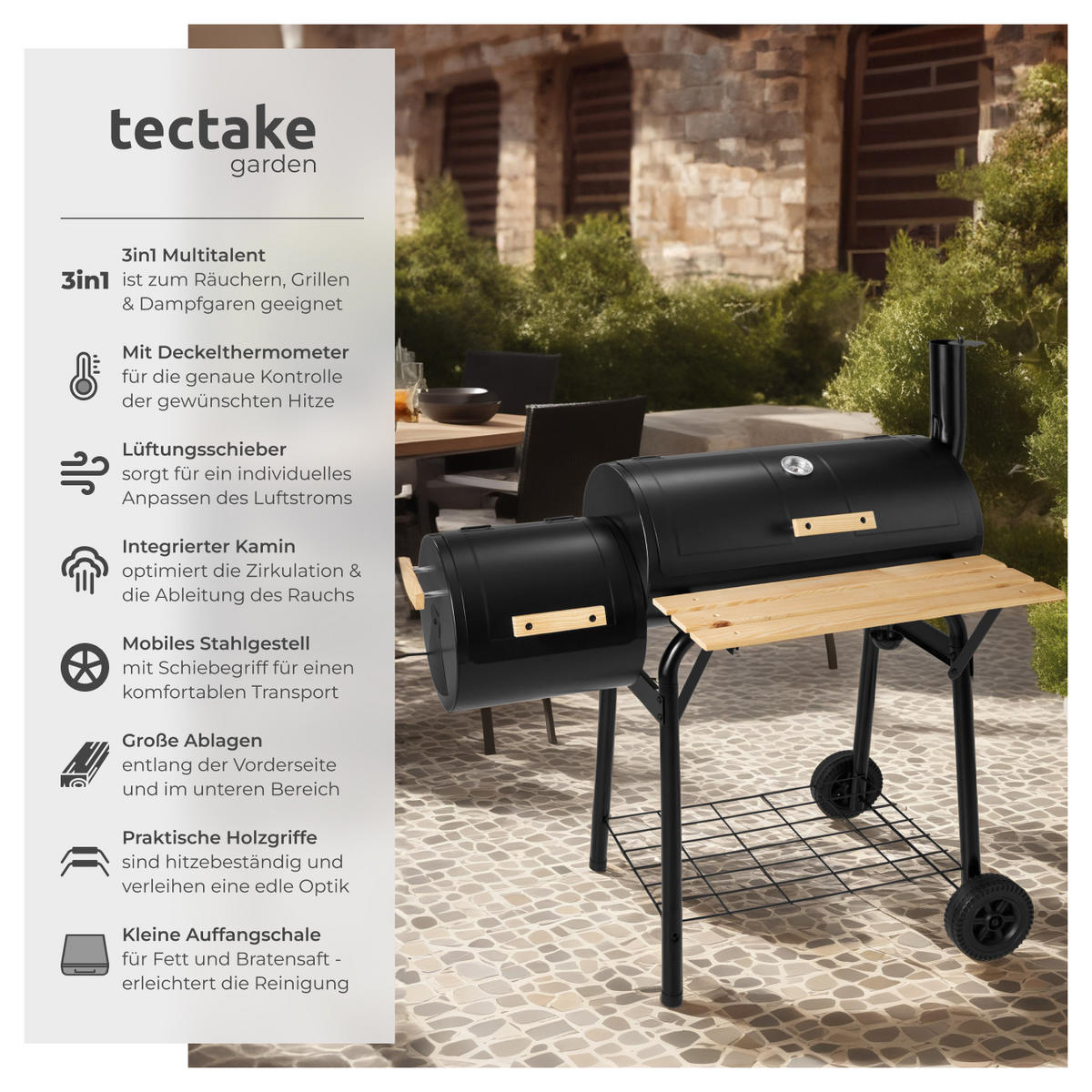 HOLZKOHLEGRILL ,115 x 67 x 115 cm,schwarz - Schwarz, Metall (67/117/115cm) - tectake